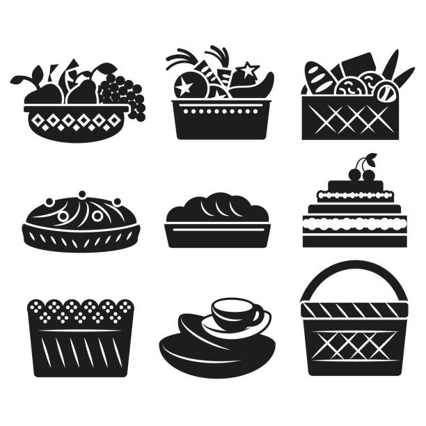 ilustrações, clipart, desenhos animados e ícones de jogo de basckets preto e branco com ícones diferentes do alimento - basckets