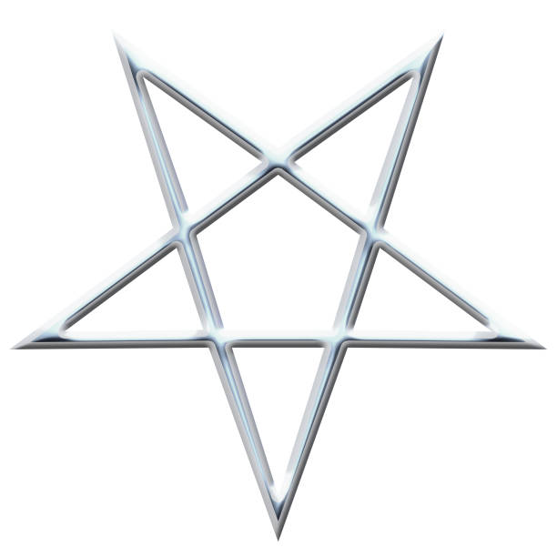 reversed pentagram symbol. wiccan symbols- cross of sulfur. metal runic spell circle. satanic sign, magic casting ring. pentalpha, pentangle. 3d illustration. - pentangle imagens e fotografias de stock