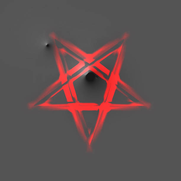 reversed pentagram symbol. wiccan symbols- cross of sulfur. blood red runic spell circle. satanic sign, magic casting ring. pentalpha, pentangle. 3d illustration. - pentangle imagens e fotografias de stock