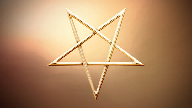 reversed pentagram symbol. wiccan symbols- cross of sulfur. blood red runic spell circle. satanic sign, magic casting ring. pentalpha, pentangle. 3d illustration. - pentangle imagens e fotografias de stock