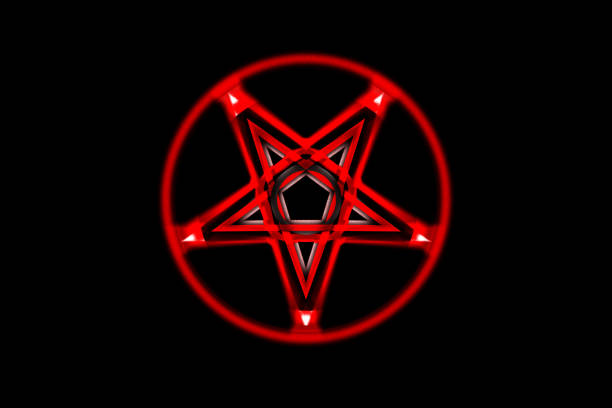 reversed pentagram symbol. wiccan symbols- cross of sulfur. blood red runic spell circle. satanic sign, magic casting ring. pentalpha, pentangle. 3d illustration. - pentangle imagens e fotografias de stock