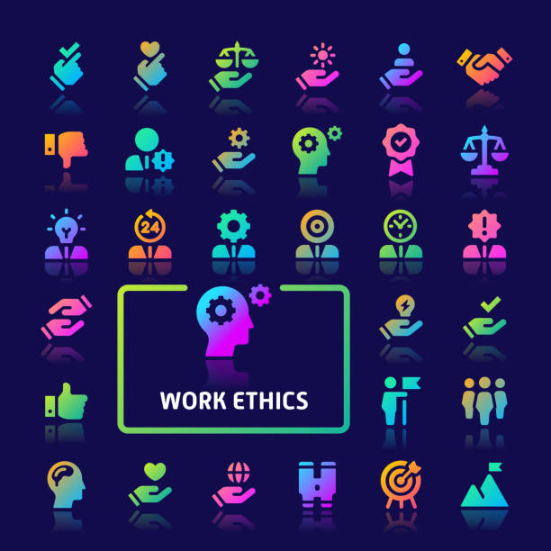 Work Ethics Gradient Vector Icon Set. EPS10 gradient vector icons related to employment & work ethic. Symbols such as teamwork, morality, proficiency, leadership and empathy are included. be humble stock illustrations