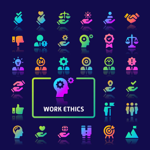 Work Ethics Gradient Vector Icon Set. EPS10 gradient vector icons related to employment & work ethic. Symbols such as teamwork, morality, proficiency, leadership and empathy are included. humility stock illustrations