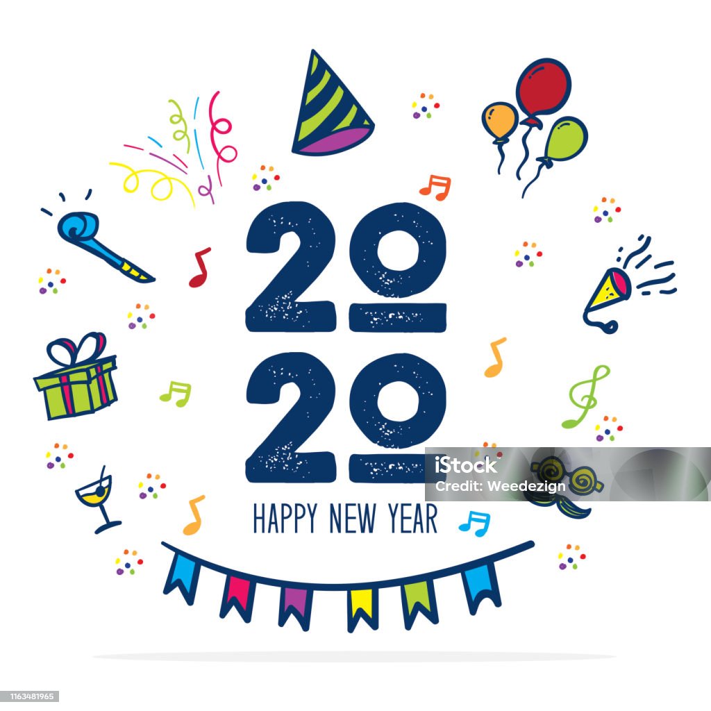 Happy New Year 2020 Symbol With Party Icon Doodle Hand Drawing ...