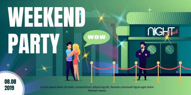 Weekend Party in Nightclub Flat Vector Ad Poster Weekend Party in Nightclub Flat Vector Ad Banner or Poster. Happy, Young Couple Walking on Night City Street, Bouncer Waiting Clients, Security Meeting Visitors at Nightclub Entrance Illustration doorman stock illustrations