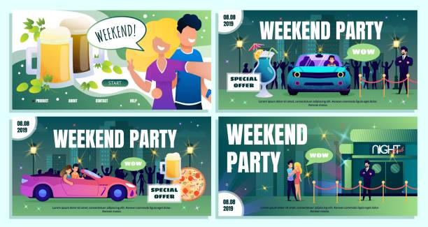 ilustrações de stock, clip art, desenhos animados e ícones de nightclub weekend special offer ad banners set - bouncer