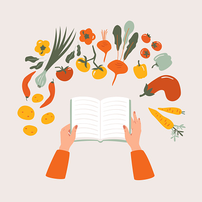 Top view of cartoon cookbook in hand on the table surrounded by various vegetables. Recipe vegetarian book  vector concept isolated from light background