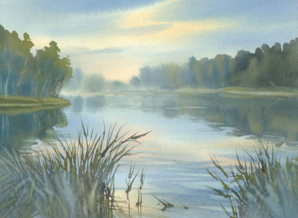 istock A lake in the evening light watercolor background. Water reflections 1163483122