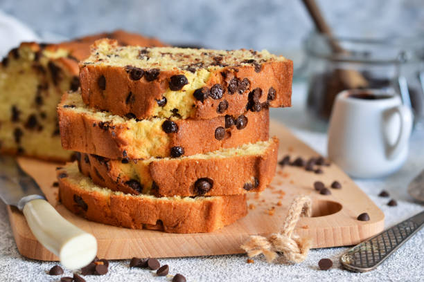 Banana bread with chocolate chips on the kitchen table.