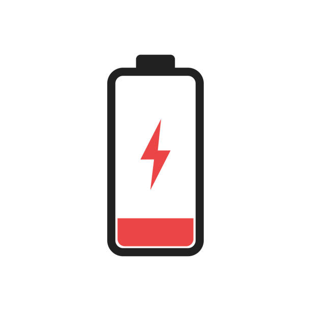 ilustraciones, imágenes clip art, dibujos animados e iconos de stock de icono de bajo nivel de batería aislado. símbolo de carga. tecnología de carga electica. - batería