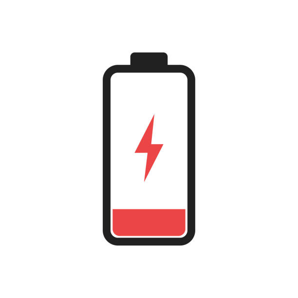 Low battery level icon isolated. Charging symbol. Electic charge technology. Low battery level icon isolated. Charging symbol. Electic charge technology. EPS 10 battery stock illustrations