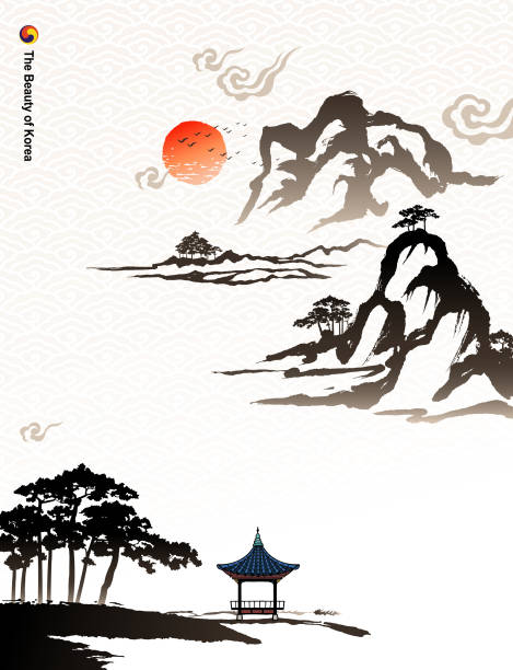 韓国の自然風景水墨画韓国の伝統絵画 - 自然の景観のベクターアート