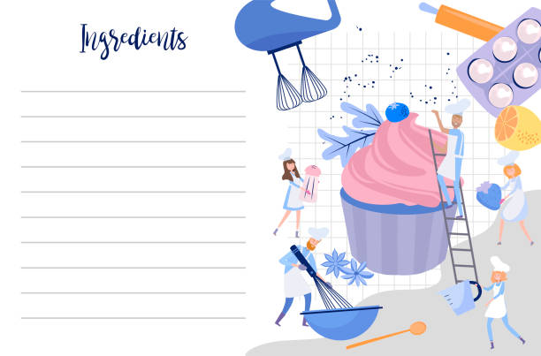 ilustrações de stock, clip art, desenhos animados e ícones de tiny characters cooking huge cupcake. food preparing process. - bakery women cake cupcake