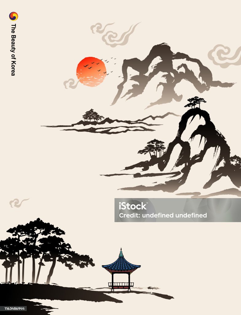 Hàn Quốc Xinh Đẹp Núi Non Cây Cối Nhà Cửa Tranh Vẽ Thư Pháp Phong Cảnh  Thiên Nhiên Minh Họa Vector Vẽ Tranh Truyền Thống Hàn Quốc Hình minh họa  Sẵn có -