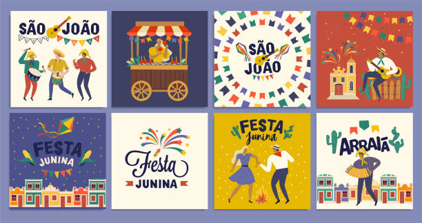 ブラジルの伝統的なお祝いフェスタジュニナ。ポルトガル語のブラジル語テキストは、友人の村を言う。フェスタ・デ・サン・ジョアンアライアポルトガル語ブラジル語テキストフェアを言� - feast day illustrations点のイラスト素材／クリップアート素材／マンガ素材／アイコン素材