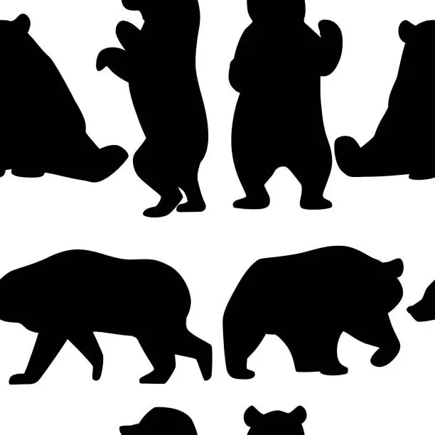 Vector illustration of Black silhouettes seamless pattern of grizzly bears. North America animal, brown bear. Cartoon animal design. Flat vector illustration on white background