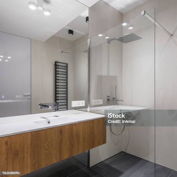 Modern Bathroom With Basin Cabinet Stock Photo - Download Image Now - Small, Bathroom, Domestic Bathroom