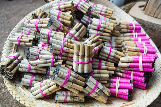Homemade pyrotechnics on Burmese street market on Inle lake, Myanmar stock photo