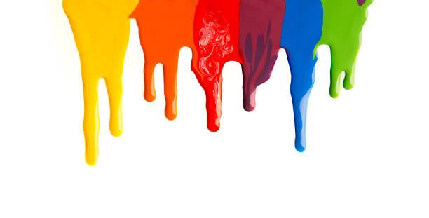 istock Colorful paint stains dripping from the top on white background 1163490269