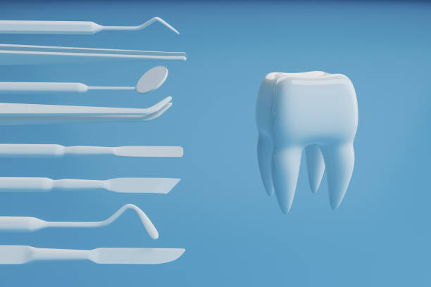 istock Image of a tooth on a blue background with a dentist's tools. 3D rendering. 1163492412