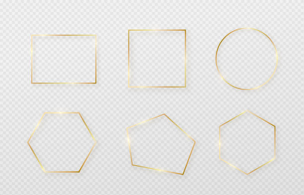 Golden border frame set with light shadow and light affects. Gold decoration in minimal style. Graphic metal foil element in geometric thin line rectangle shape Golden border frame set with light shadow and light affects. Gold decoration in minimal style. Graphic metal foil element in geometric thin line rectangle shape. thin illustrations stock illustrations