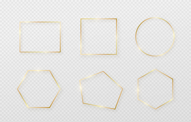Golden border frame set with light shadow and light affects. Gold decoration in minimal style. Graphic metal foil element in geometric thin line rectangle shape Golden border frame set with light shadow and light affects. Gold decoration in minimal style. Graphic metal foil element in geometric thin line rectangle shape. light line pictures stock illustrations