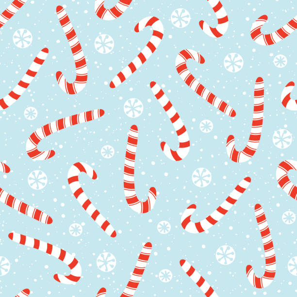 illustrazioni stock, clip art, cartoni animati e icone di tendenza di colorate cante di caramelle di natale e capodanno disegnate a mano e fiocchi di neve bianchi vector seamless pattern - hard candy candy backgrounds multi colored