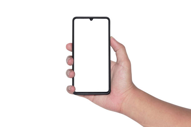 istock Man hand holding the black smartphone with blank screen isolated on white background with clipping path. 1163494694