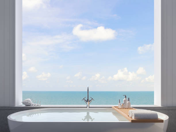 istock Close up of bathtub with sea view background 3d render 1163498144