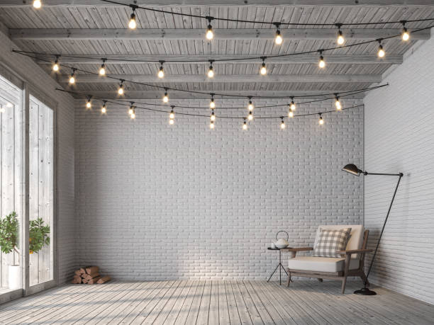 Scandinavian loft style living room 3d render Scandinavian loft style living room 3d render,There are old wood floor and white brick wall, decorated with white fabric chair, Decorated with string lights on the ceiling seem prepared for a party. modern cottage interior design stock pictures, royalty-free photos & images
