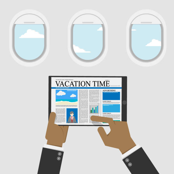 istock businessman use digital tablet for reading content about vacation time for travel information,plane window with sky view at background. vector illustration flat design 1163500251