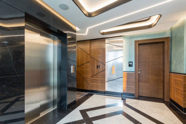 istock Interior of a shiny marble hotel corridor with elevator 1163500749