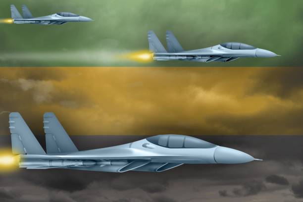 istock Gabon air forces strike concept. Air planes attack on Gabon flag background. 3d Illustration 1163500923