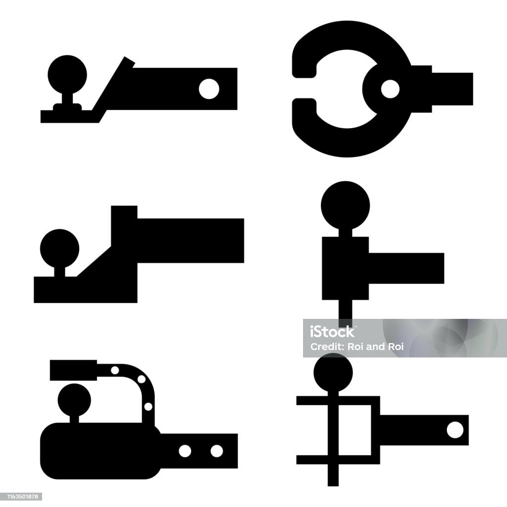 Trailer Hitch siyah siluet. Çekme çubuğu vektör simgeleri beyaz bir arka planda izole ayarlayın. - Royalty-free Çekerek götürmek Vector Art