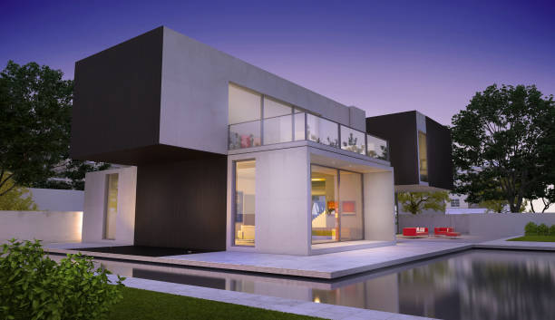 istock Modern luxurious house with wood 1163506408
