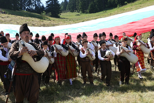 Landerneau, France - July 10 2022: Musicians from the Bagad bro Landerne during the Kann an loar festival.