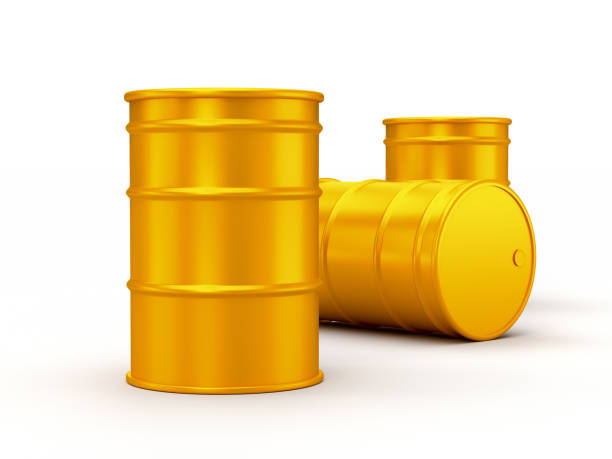 istock Yellow gold oil barrels isolated on white background. 3d render 1163510657