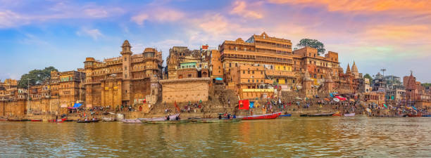 istock Varanasi city panoramic view with Ganges river ghats at sunset 1163511548