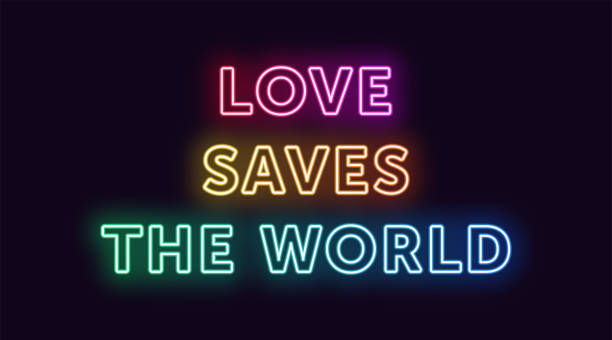 Neon text Love Saves the World, expressive Title Neon text Love Saves the World, expressive Title. Glowing Headline in Neon outline style with transparent backlight. Vector typographic illustration with gradient colors world title stock illustrations