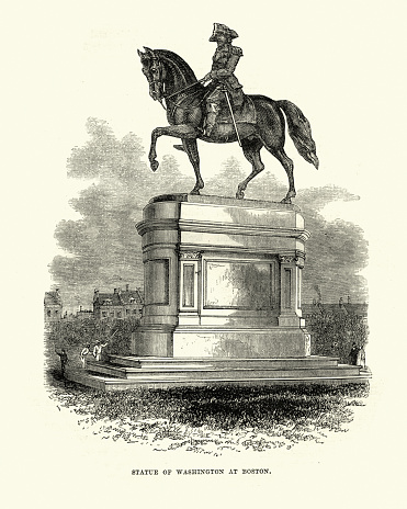 Vintage engraving of a Statue of George Washington at Boston