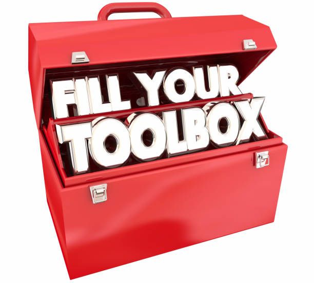 Horizontal close-up shot of a cluttered orange home toolbox on a white background.