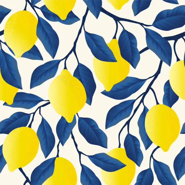 Vector illustration of Tropical seamless pattern with yellow lemons. Fruit repeated background. Vector bright print for fabric or wallpaper.