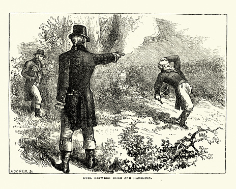Vintage engraving of Duel between Aaron Burr and Alexander Hamilton. The Burr–Hamilton duel was fought at Weehawken, New Jersey between Vice President Aaron Burr and Alexander Hamilton, the former Secretary of the Treasury.