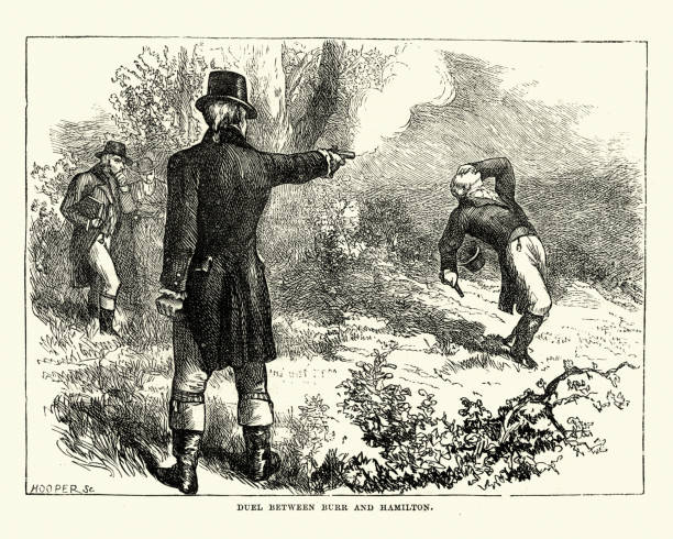 Duel between Aaron Burr and Alexander Hamilton Vintage engraving of Duel between Aaron Burr and Alexander Hamilton. The Burr–Hamilton duel was fought at Weehawken, New Jersey between Vice President Aaron Burr and Alexander Hamilton, the former Secretary of the Treasury. dueling stock illustrations