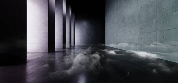 istock Smoke Modern Elegant Architecture Grunge Concrete Columns Cement Reflective Underground Hallway Room Garage Gallery Tunnel Corridor Dark Empty Background 3D Rendering 1163519586