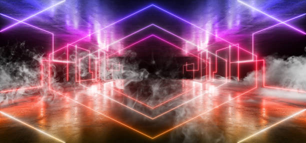 istock Smoke Sci Fi Neon Thunders Glowing Light Vibrant Teal Purple Blue Stage NIght Club Background Grunge Concrete Dark Tunnel Hall Corridor Garage Spaceship Reflective Futuristic 3D Rendering 1163520541