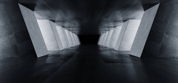 istock Modern Elegant Architecture Grunge Concrete Columns Cement Reflective Underground Hallway Room Garage Gallery Tunnel Corridor Dark Empty Background 3D Rendering 1163520550