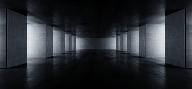 istock Modern Elegant Architecture Grunge Concrete Columns Cement Reflective Underground Hallway Room Garage Gallery Tunnel Corridor Dark Empty Background 3D Rendering 1163520685
