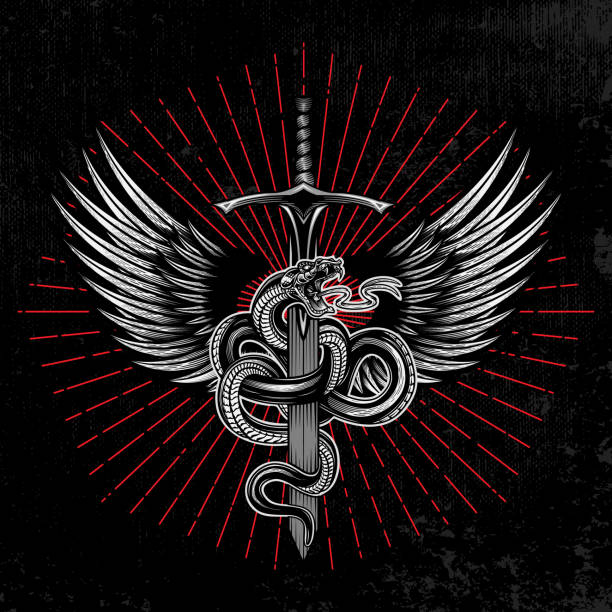 Snake with wings wrapped around a sword. Hand drawn vector illustration in engraving technique with star rays on grunge background. Ancient symbol concept. venom symbol stock illustrations