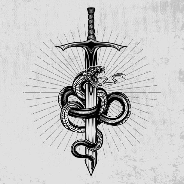 Snake wrapped around a sword. Hand drawn vector illustration in engraving technique with star rays and grunge background. Ancient symbol concept. venom symbol stock illustrations